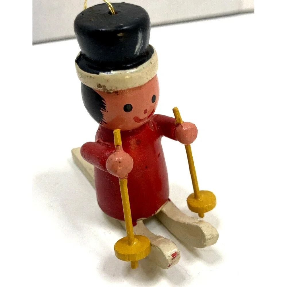 Vintage Wood Gnome Elf On Wooden Skis Christmas Ornament 3‎ inch 1985